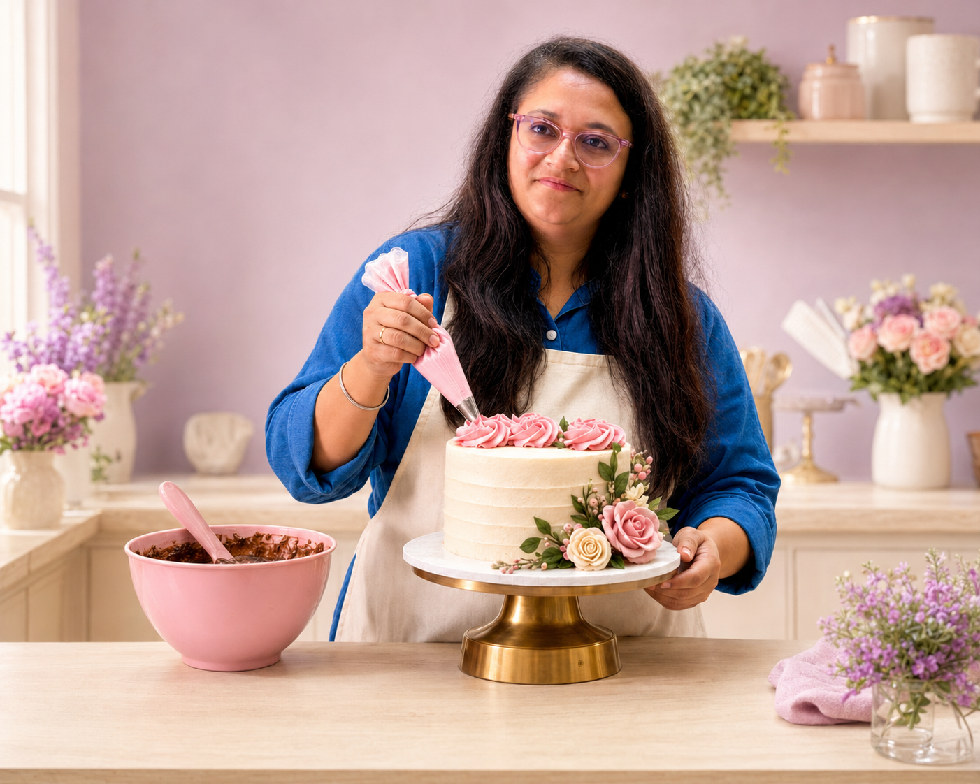 Megha preparing a homemade cake
