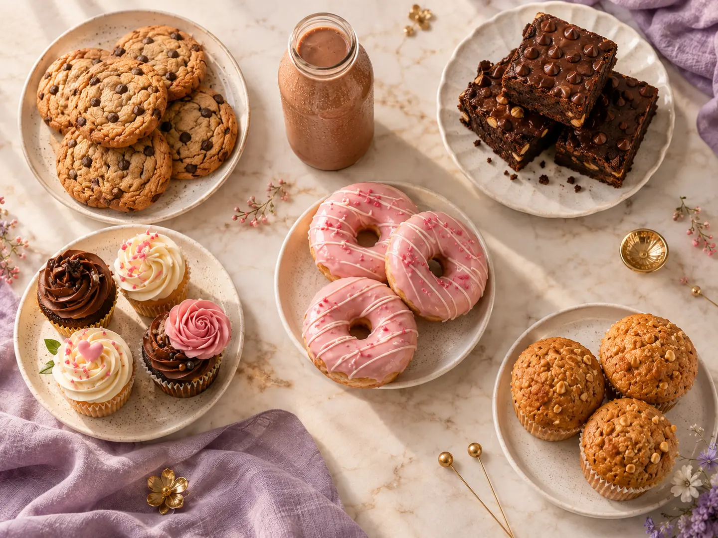 Assorted baked treats and cold coco